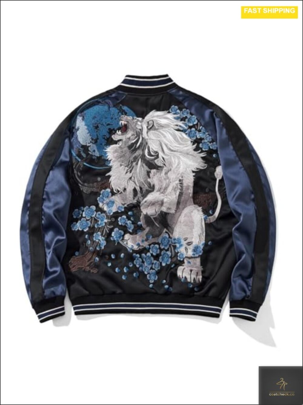 Japanese Lion Embroidery Bomber Jacket Blue Sukajan Varsity Vintage